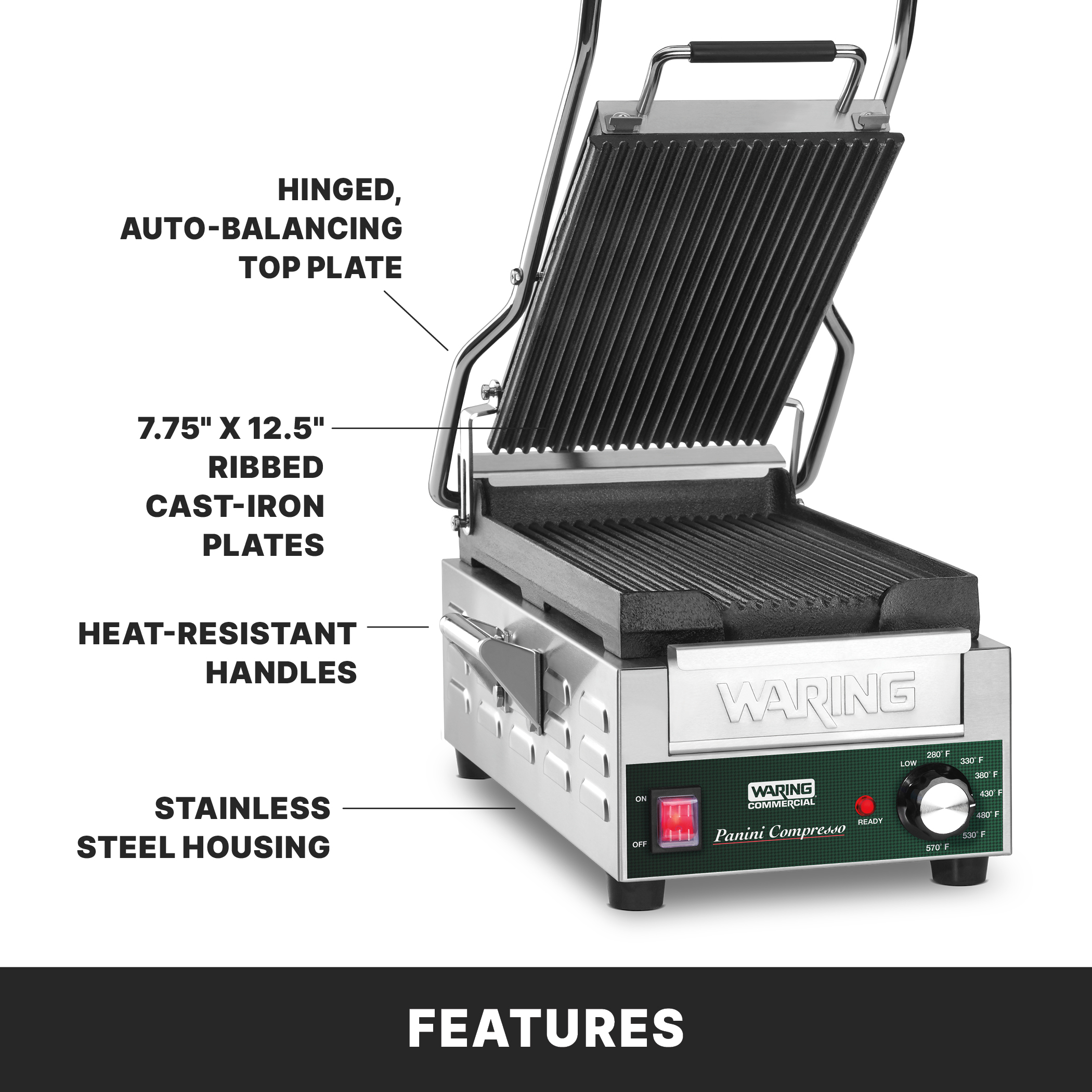 Ribbed Panini Grill, 7.75" x 12.5"